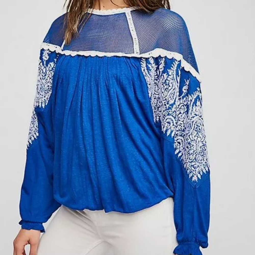 Free People Blue Embellished Long Sleeve Blouse